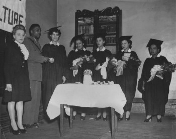 Viola Desmond speaking at graduation, ca. 1945. Wanda Robson Collection. Beaton Institute, Cape Breton University.
