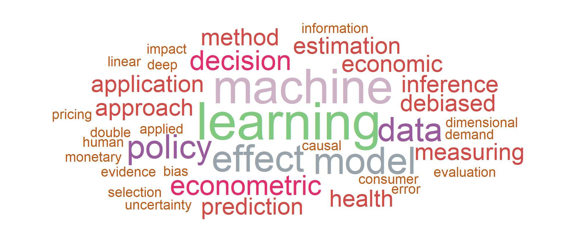 Word cloud with the following words in order of prominence: machine, learning; effect, model; data, policy; decision, econometric; estimation, economic, inference, debiased, measuring, health, prediction, approach, application, method; bias, causal, consumer, error, evaluation, demand, dimensional, information, impact, deep, linear, pricing, applied, double, human, monetary, evidence, selection, uncertainty.