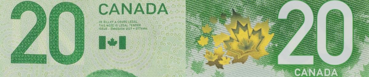 Two photographs of the front and back of the Vertical $20 bank note, focused on the top corners of each. The photos show the large, high contrast numbers.