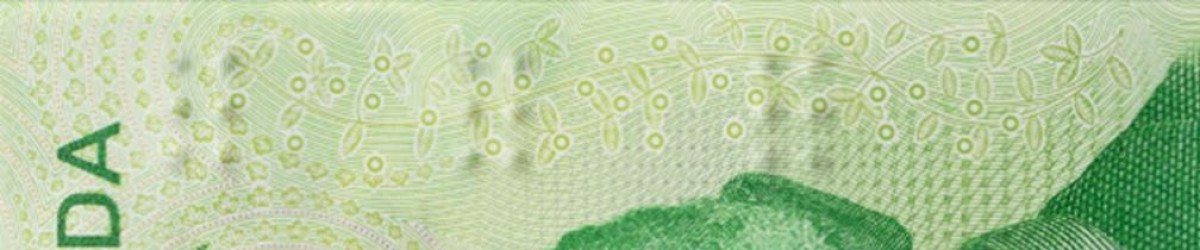 A photograph of the Vertical $20 bank note. It shows the tactile feature on the $20 note, consisting of three six-dot symbols each separated by a smooth surface.