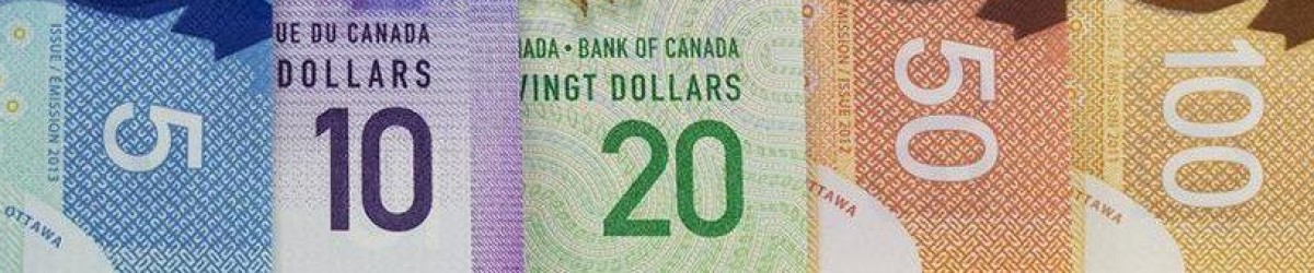 An image showing the corners of five different Canadian bank notes, lined up in order of value. The image shows the distinct colours for each denomination.
