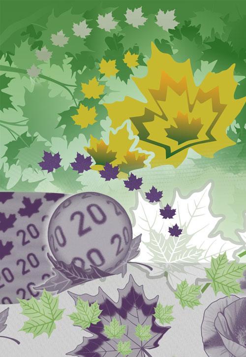 A collage of the various maple leaf elements featured on the vertical $20 bank note.