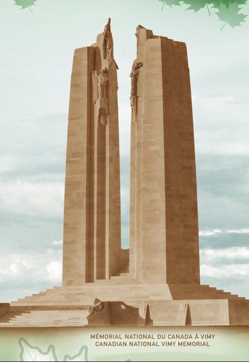 A close-up image of the Canadian National Vimy Memorial as it is pictured on the vertical $20 bank note. Beneath the image on the note, a small caption identifies the monument in both French and English.