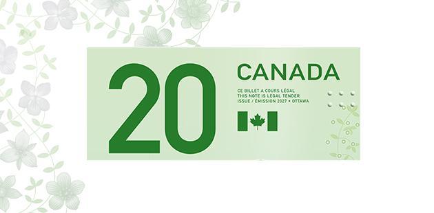 Accessibility features from the front side of the vertical $20 bank note A close-up of the top of the front side of the vertical $20 bank note. The close-up shows the large number 20, the word Canada, a small Canadian flag, and the tactile feature.